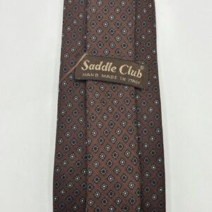 VTG Saddle Club Brown Wool Silk Geometric Medallion Tie Handmade in Italy Mens